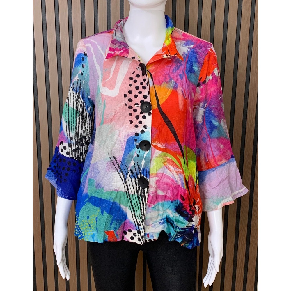 Ali Miles Abstract Floral Print Button Front Blouse Multi Color Petite Small PS